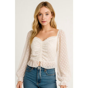 Hollister Woman's White Polka Dot Ruched Long Sleeve Top XL Babydoll Peasant Y2K